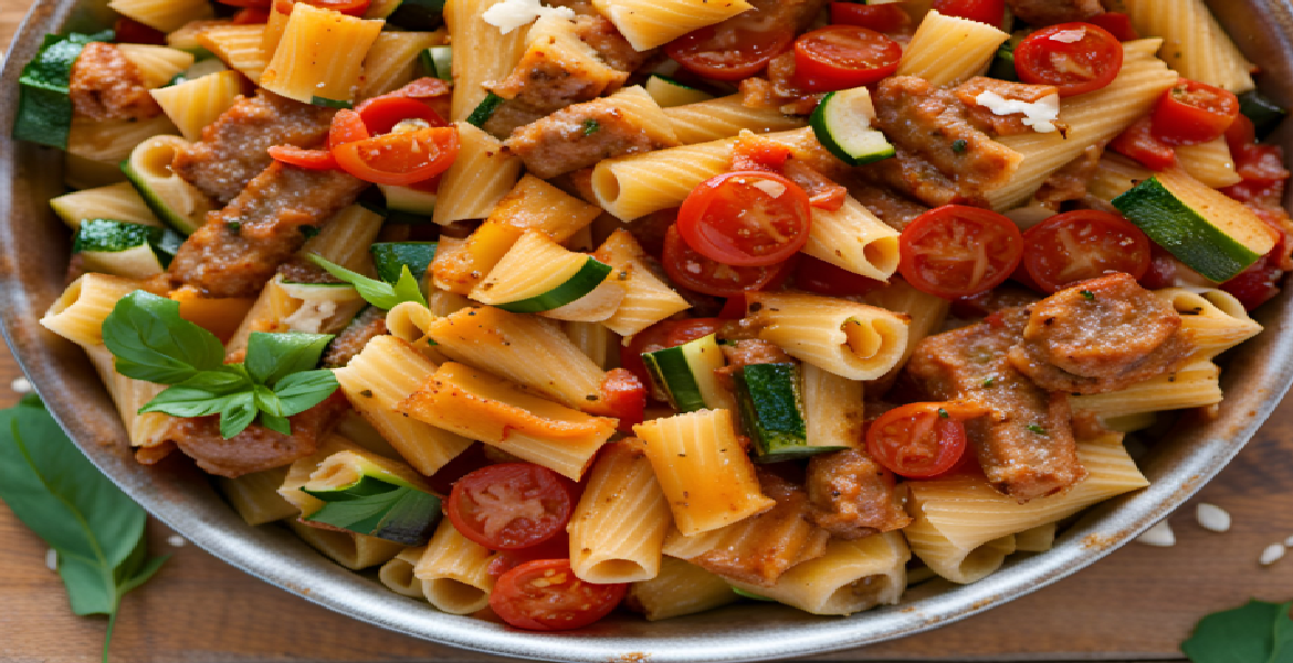 Rigatoni à la Sauscisse et tomates aux Courgettes