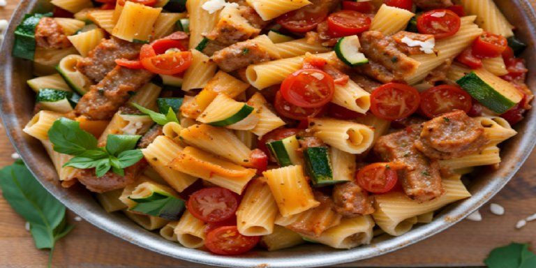 Rigatoni à la Sauscisse et tomates aux Courgettes